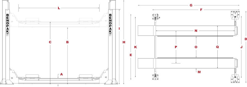 BendPak 4 Post Lift HDSO14 Open Front - Diagram