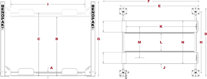 HD-9 4 Post Lift Standard Width BendPak diagram