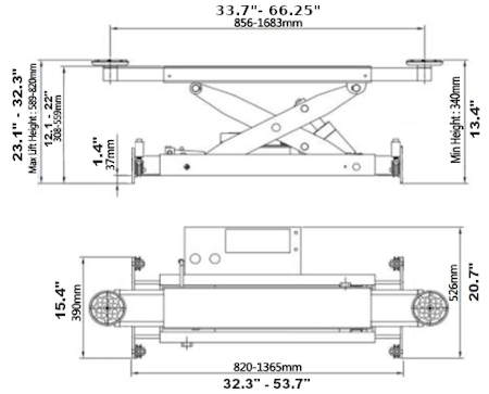 RJ-8A 8000lb Jack Amgo Hydraulics Diagram in inches